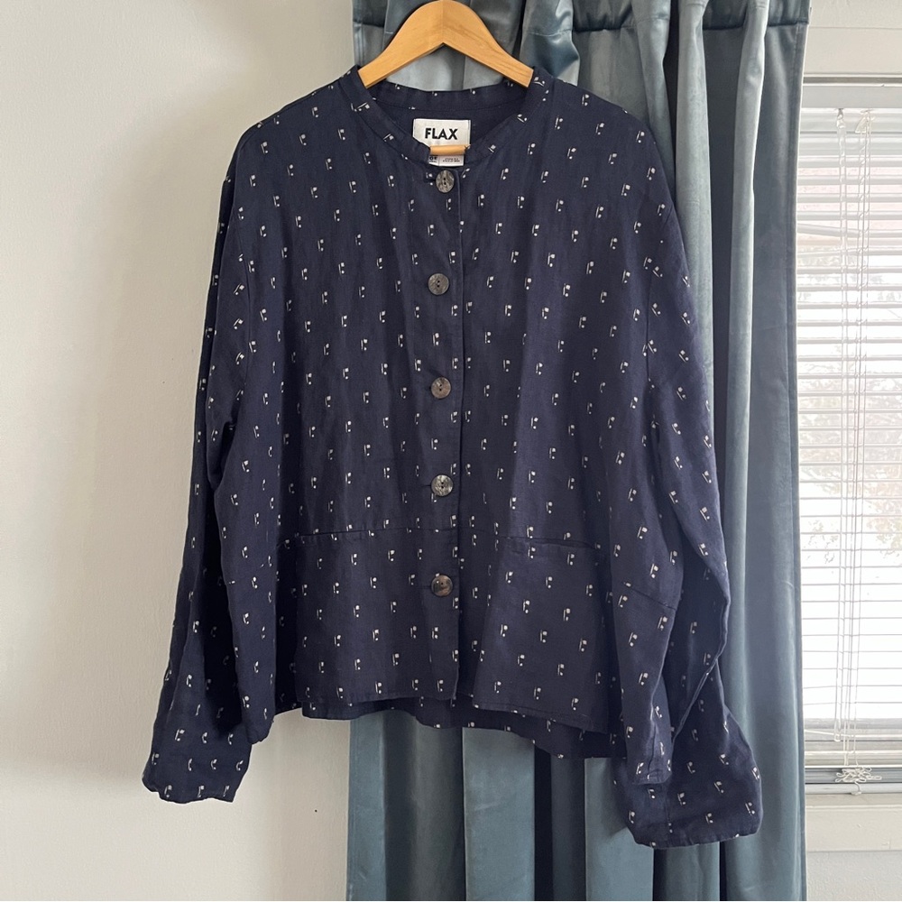 FLAX 100% Linen Women’s Blue Deadstock Button Up Loose Fit Long Sleeve Blouse